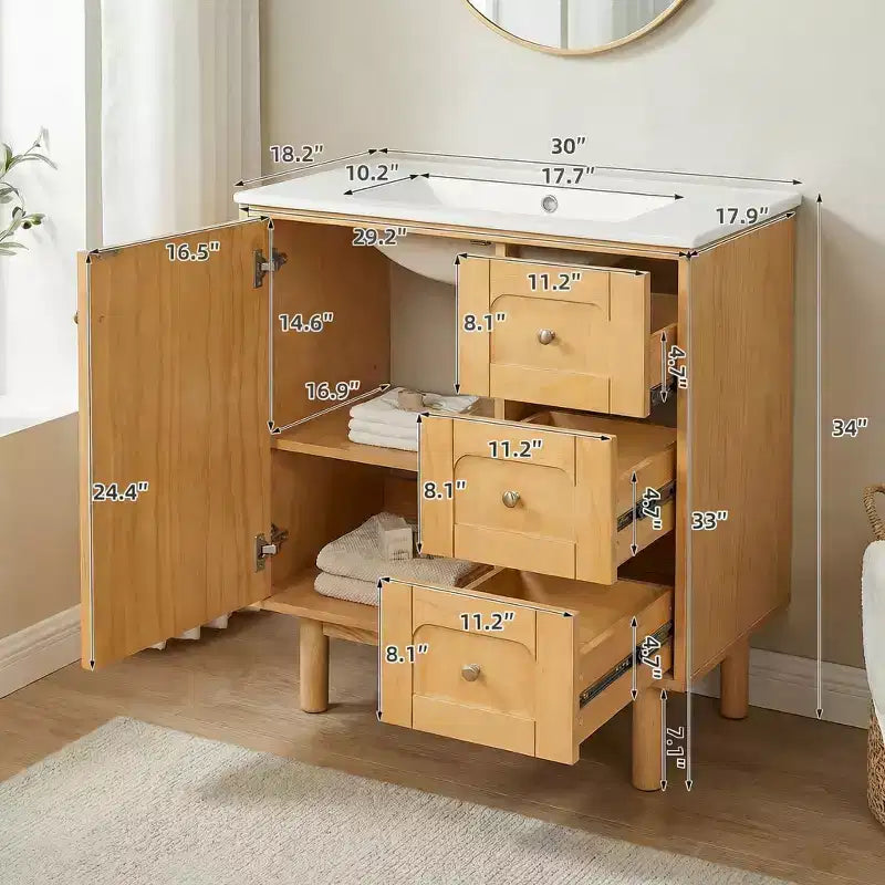 Mobiletto bagno in ceramica JVNOXK da 30 pollici, stile rustico moderno, con 3 cassetti e 1 grande anta a chiusura ammortizzata, mobile contenitore, venatura naturale del legno