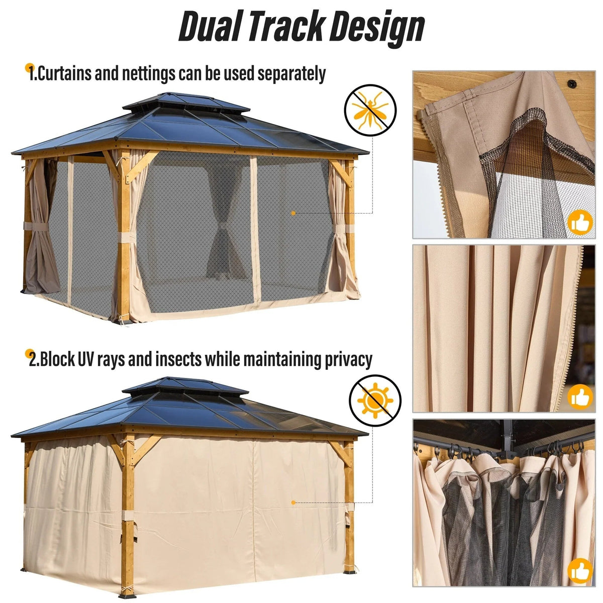 EROMMY hardtop-paviljoen, pergola voor buiten met dubbel dak, netten en gordijnen, extra stevig zonnescherm voor terras, achtertuin en zwembadfeest