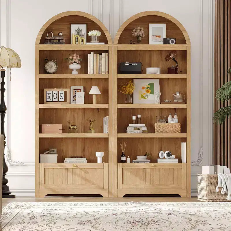72 Zoll hohes, bogenförmiges Bücherregal mit Schublade, moderner 6-stufiger Holzschrank mit offenen Ablagen und unterer Schublade, geschwungene Schranktür