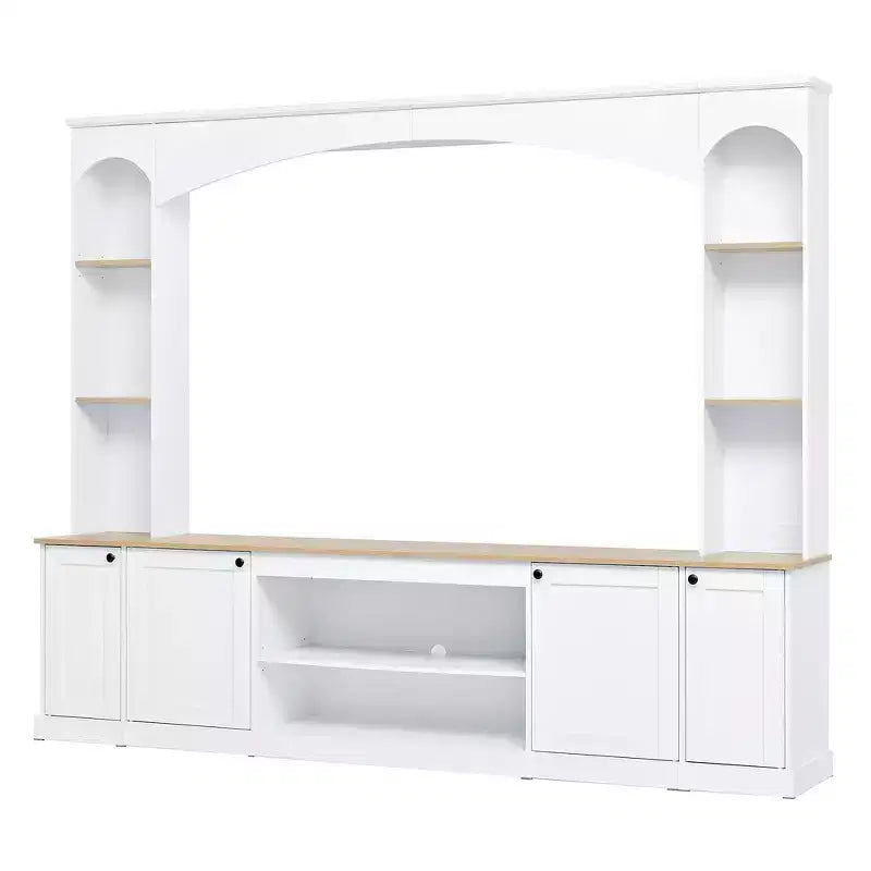 Whisen 91 Medienkonsole, geschwungene Entertainment-Center-Wandeinheit, TV-Schrank im Landhausstil mit Bücherregal in Holzoptik für Fernseher bis zu 70
