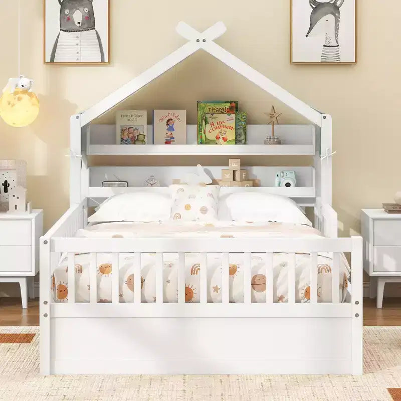 ModernLuxe houten huisbed in twin-/full-size met opbergvak in het hoofdbord, bedframe van massief grenenhout voor kinderen met veiligheidsleuningen