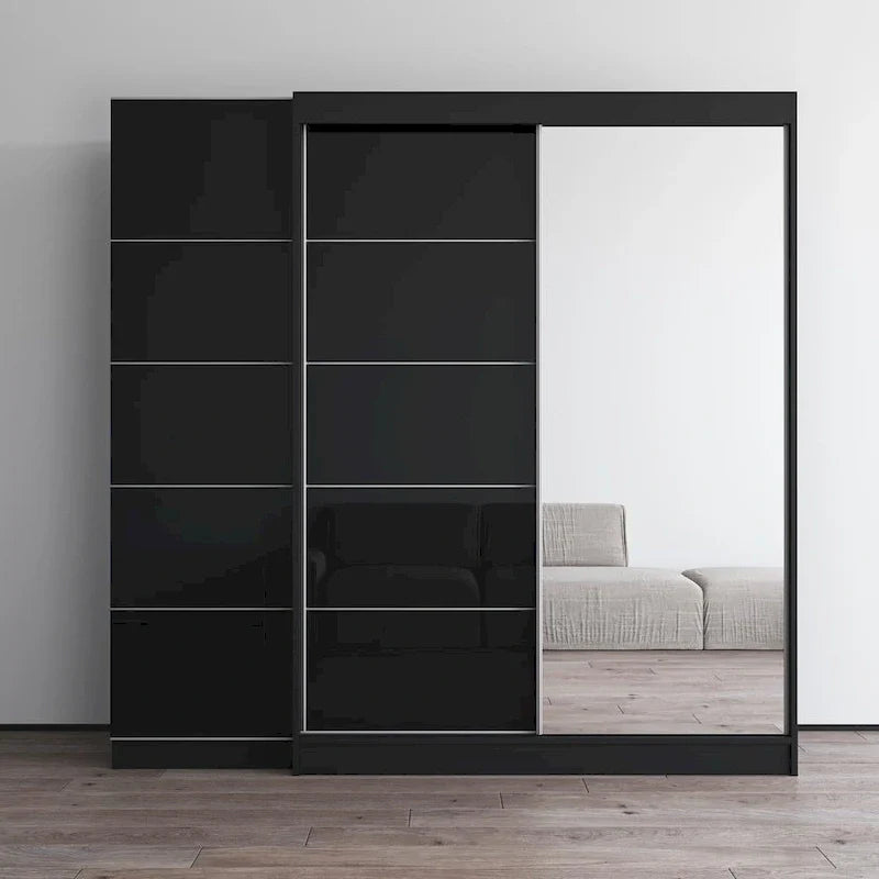 Armoire à 2 portes avec miroir et façade en verre, pour 2 personnes (gris / noir / blanc)