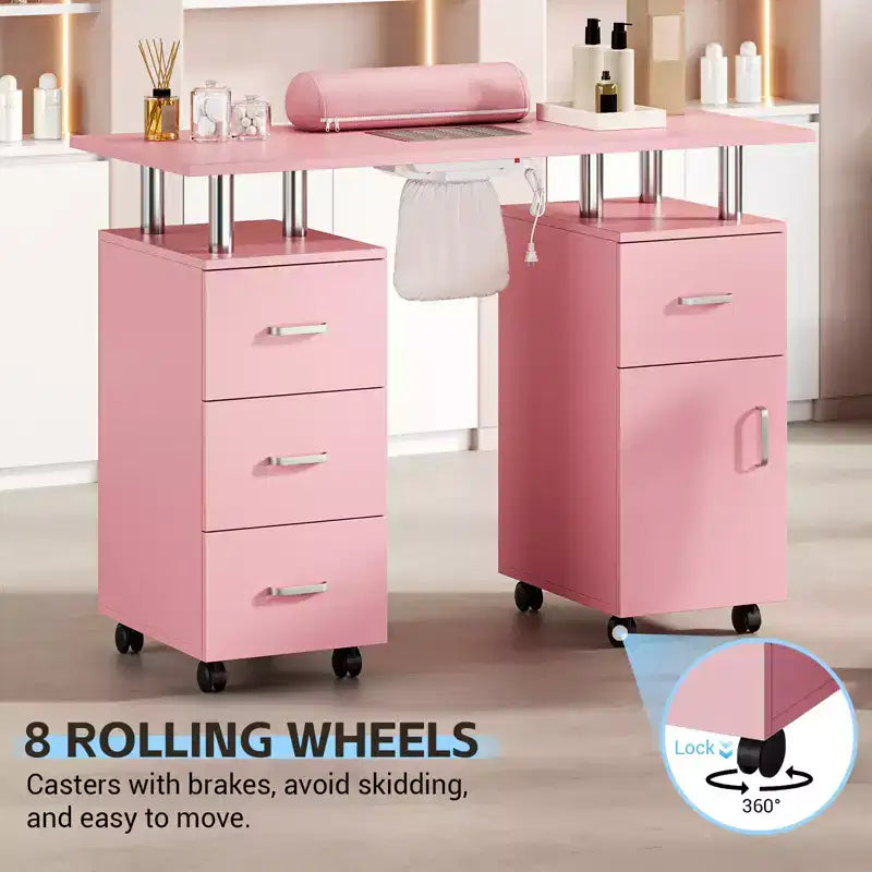 Table de manucure avec aspirateur à poussière, roulettes verrouillables, coussin pour poignet et rangements, pour la maison, les prothésistes ongulaires et les salons de beauté