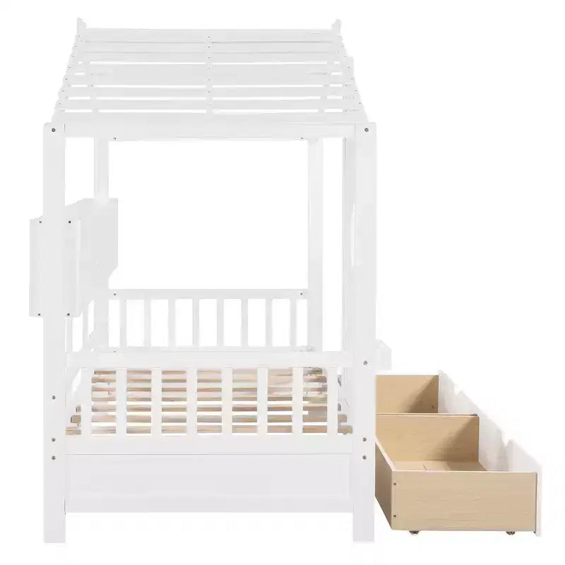 Whisen Hausbett in Einzelgröße für Kinder, Spielhausbett mit 2 Schubladen und Ablage