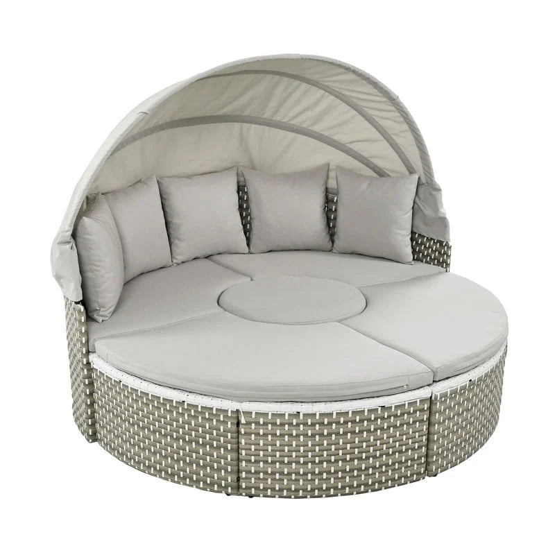 Rundes Outdoor-Tagesbett, Sonnenliege mit zweifarbigem Geflecht und ausziehbarem Sonnendach