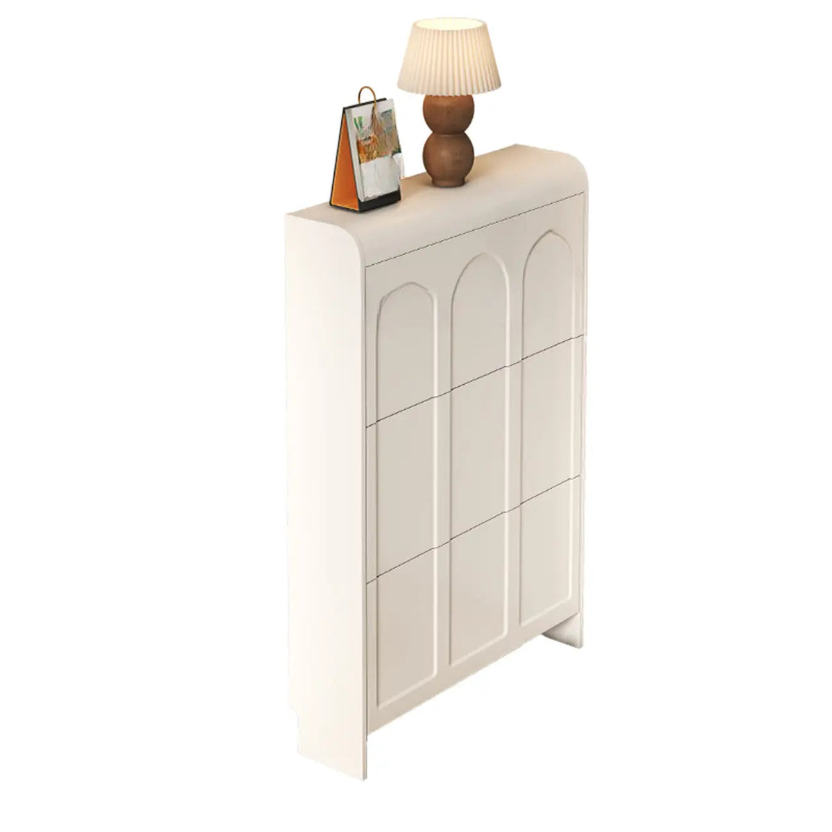Smalle witte houten schoenenkast met klepdeuren en 3 niveaus