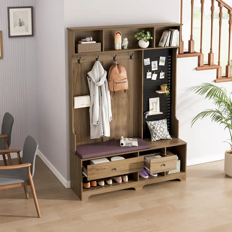 GDFStudio - Appendiabiti multifunzione Finn con panca portascarpe, pannello forato e ampio spazio contenitivo