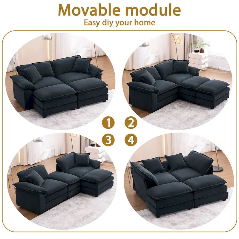 Divano a 2 posti con 2 cuscini, 2 guanciali e 2 pouf, divano comodo - Divano profondo modulare per soggiorno