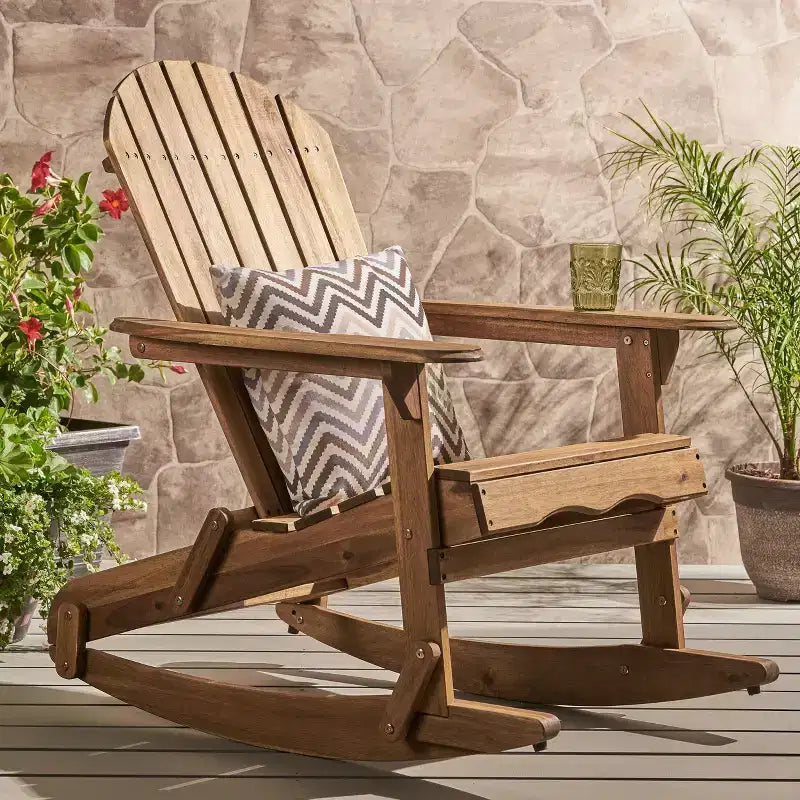 Okak rustikaler Adirondack-Schaukelstuhl aus hochwertigem Akazienholz, 1 Stück, gemütlicher Outdoor-Sessel für Veranda, Hinterhof und Garten, naturfarben