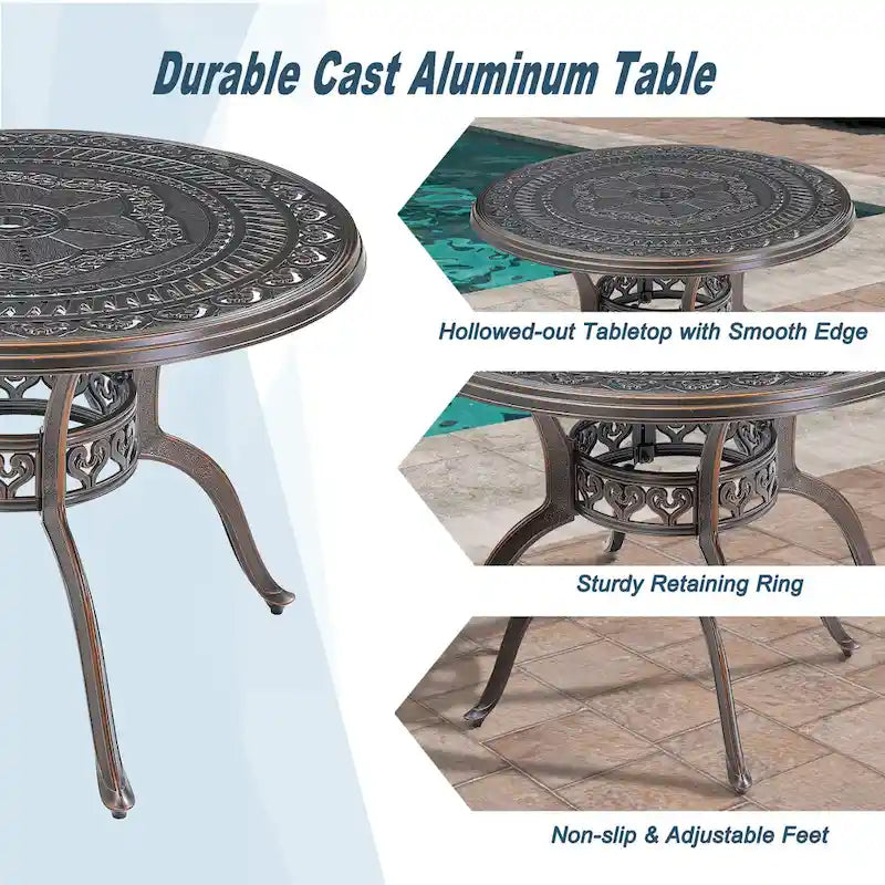Ensemble de salle à manger de patio en aluminium moulé, 5 pièces, avec 4 chaises pivotantes