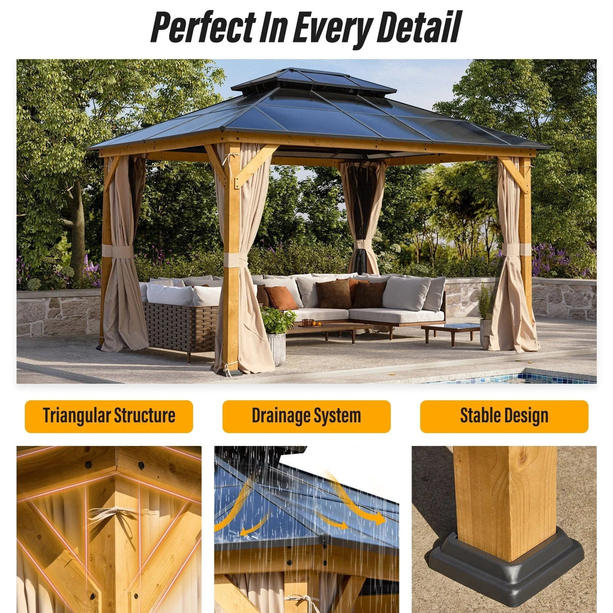 EROMMY hardtop-paviljoen, pergola voor buiten met dubbel dak, netten en gordijnen, extra stevig zonnescherm voor terras, achtertuin en zwembadfeest