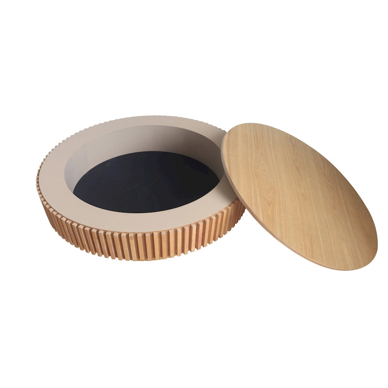 Moderne ronde salontafel van gefineerd massief hout met opbergruimte