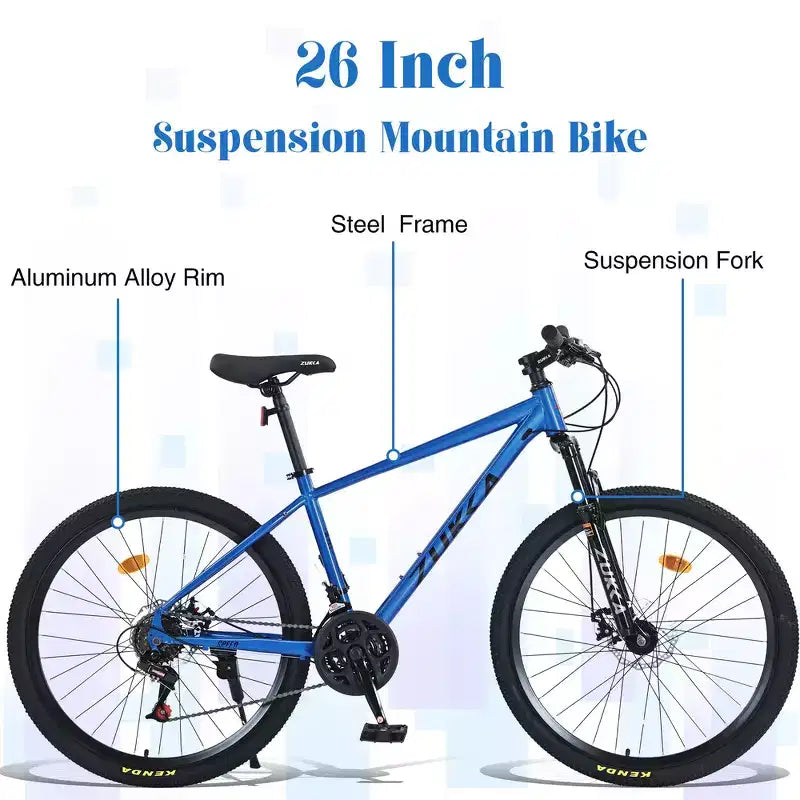 Whisen 26 geveerde mountainbike met derailleur achter met 8 versnellingen, voorvork, KENDA-banden en dubbele schijfremmen