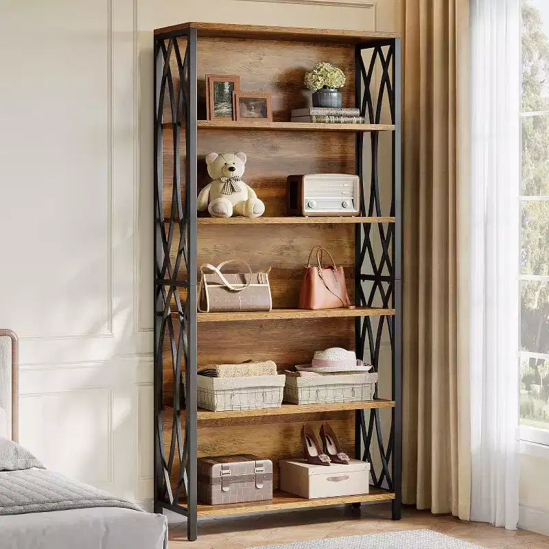 Lantine industriële boekenkast van 70.87, boekenkast met 6 niveaus, geometrisch metalen frame en open opbergplanken voor thuiskantoor en woonkamer, bruin