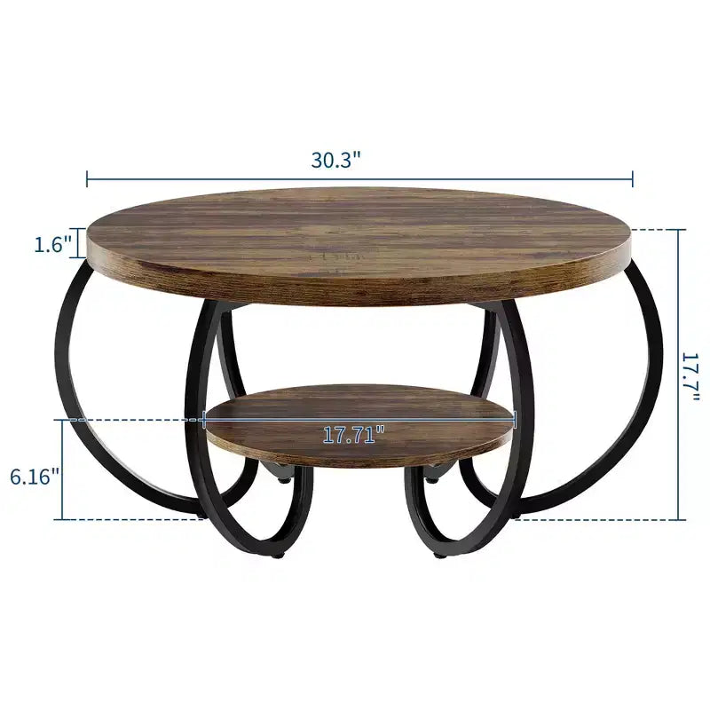 Tavolino rotondo industriale da 30 Inch a 2 livelli con piedini regolabili, ripiano effetto legno, design a fiamma, facile da montare, per soggiorno