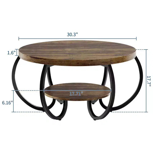 Runder Couchtisch im Industrial-Stil, 30 Inch, 2 Ablagen, verstellbare Füße, Ablage in Holzoptik, Flammendesign, einfacher Aufbau, Wohnzimmer