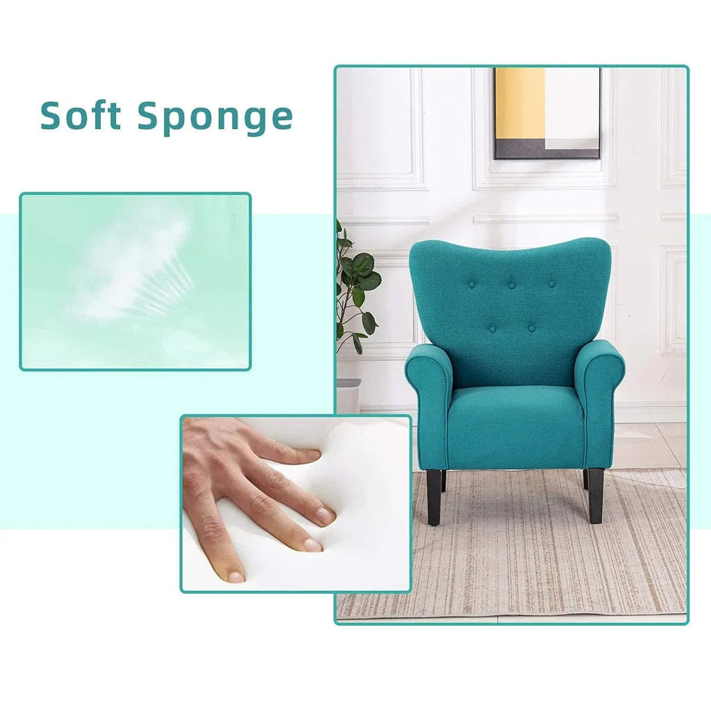Erommy moderne fauteuil, fauteuil met hoge rugleuning, gestoffeerde eenzitsbank met knopen en houten poten voor de woonkamer