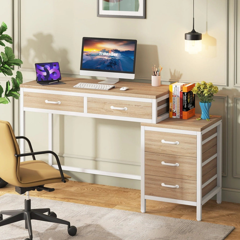 Wendbarer Computerschreibtisch mit 5 Schubladen, Schreibtisch fürs Homeoffice mit Aktenschublade und Druckerständer