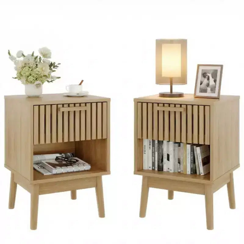 Set di 2 comodini boho con cassetto a righe e ripiano aperto, tavolini compatti in legno da comodino, ideali per piccoli spazi, camera da letto e soggiorno