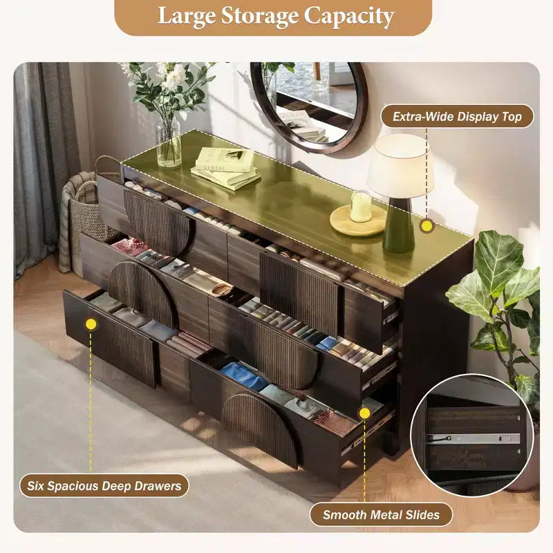 Moderne geometrische Kommode mit 6 Schubladen, breiter Stauraumschrank mit Halbkreismuster für Schlafzimmer und Wohnzimmer