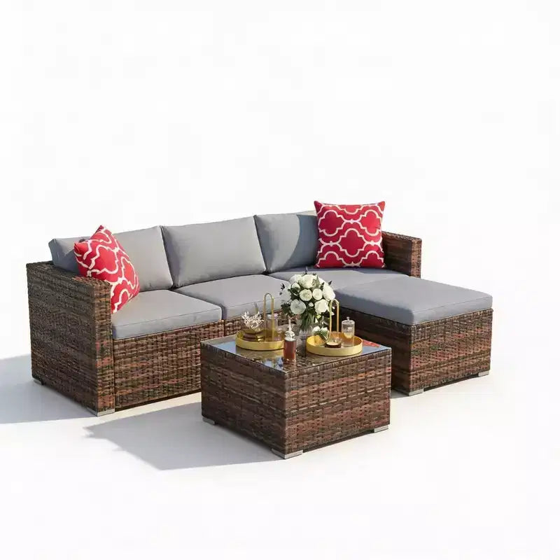 5-teiliges Gartenmöbel-Set, wetterfestes Ecksofa aus Rattan mit rutschfesten Kissen, Gartenmöbel-Sofa-Set aus Rattan mit Hocker