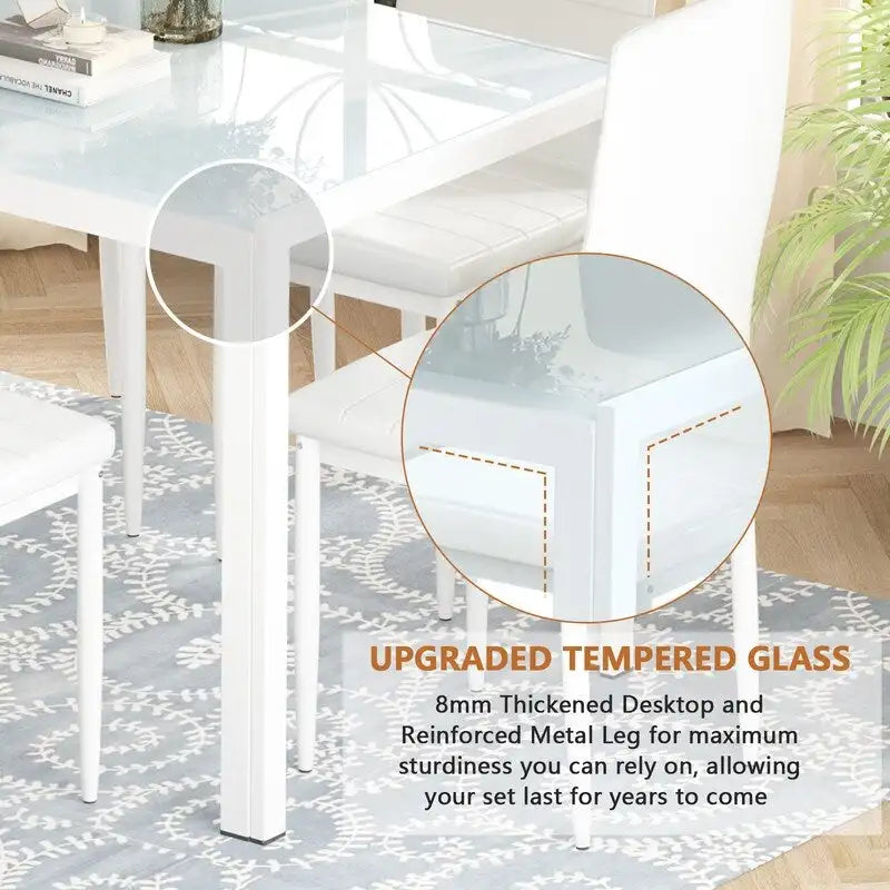 Grondin moderne 7-delige eettafelset met tafelblad van gehard glas en 6 met PU-leer beklede stoelen