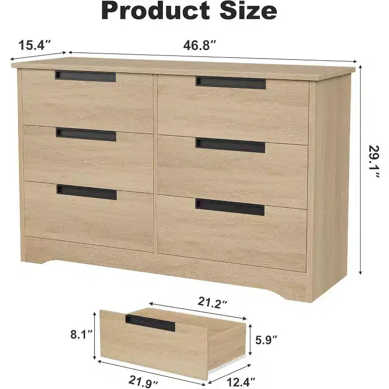 Kommode mit 6 Schubladen fürs Schlafzimmer, 46.8W, aus Holz, mit eingelassenen Griffen, Aufbewahrungsschrank für Kleidung, Kommode oder TV-Ständer für den Flur