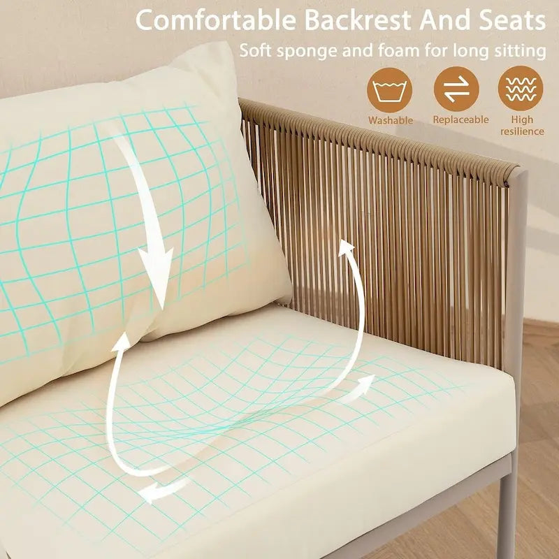Ensemble de patio extérieur en corde, 4 pièces pour 4 personnes, avec coussins et table en verre