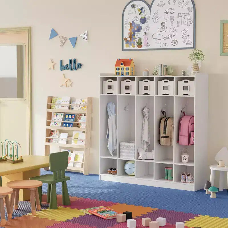 Vestiaire scolaire à 5 sections avec 10 casiers, meuble de rangement avec 10 crochets pour la maison, l’école, la crèche et la maternelle