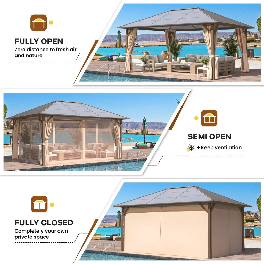 EROMMY hardtop-paviljoen, pergola voor buiten met dubbel dak, netten en gordijnen, extra stevig zonnescherm voor terras, achtertuin en zwembadfeest