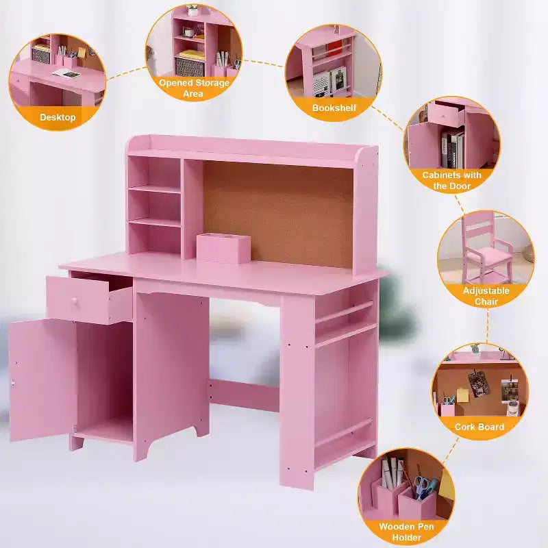 Bureau et chaise pour enfant, ensemble pour garçons et filles, bureau d'écriture en bois avec bibliothèque, tableau d'affichage, placard et tiroir, pour les 3-8 ans