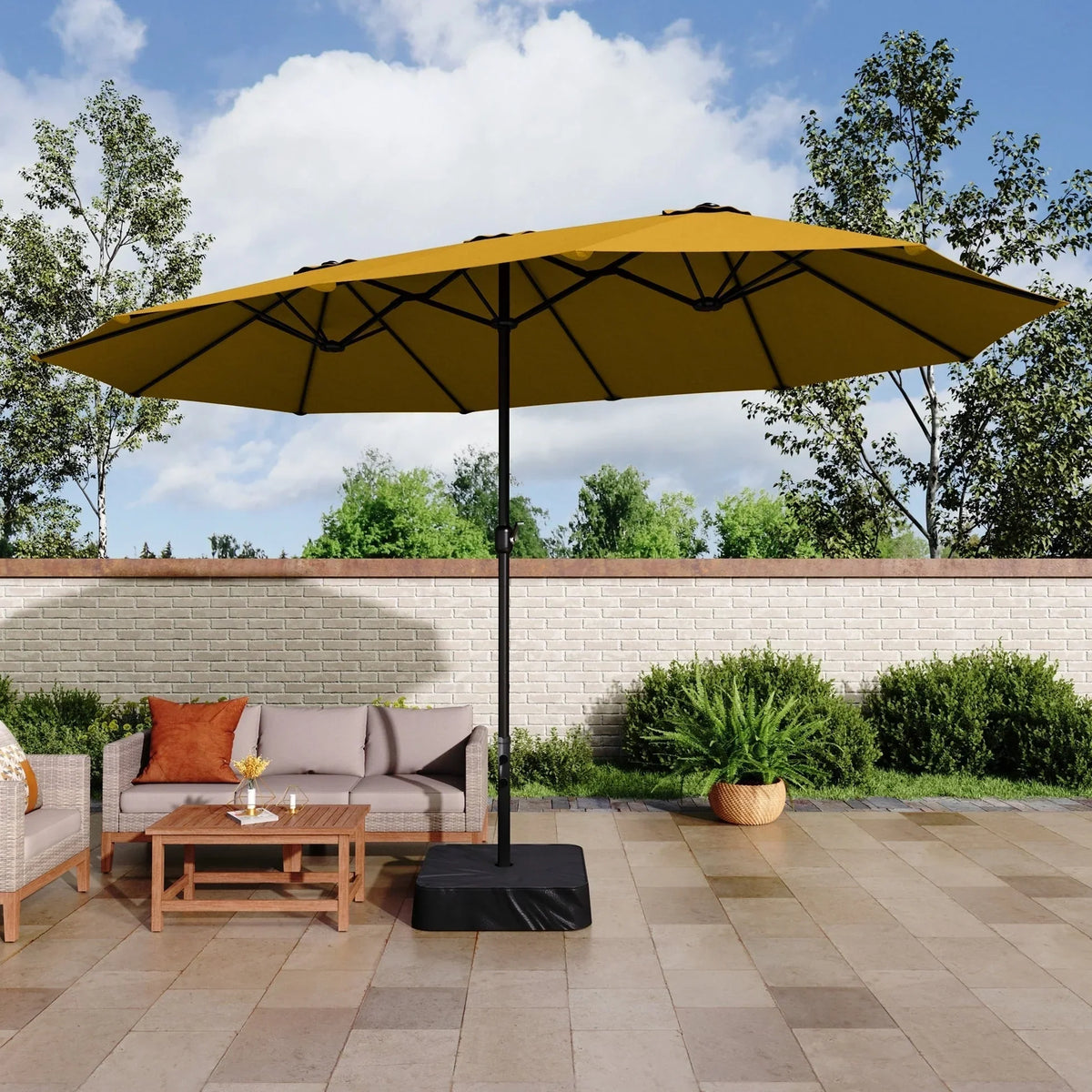 MAISON ARTS 15ft großer doppelseitiger Terrassenschirm mit zwei Schirmen, Standfuß inklusive