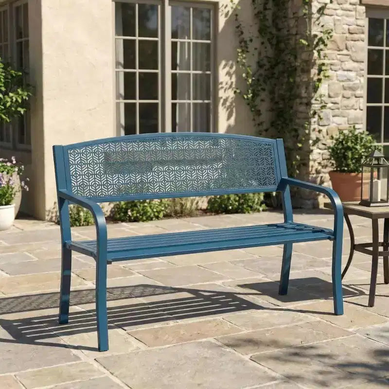 Banc d’extérieur en métal pour 2 personnes, mobilier de jardin en acier avec dossier géométrique pour patio, jardin et véranda