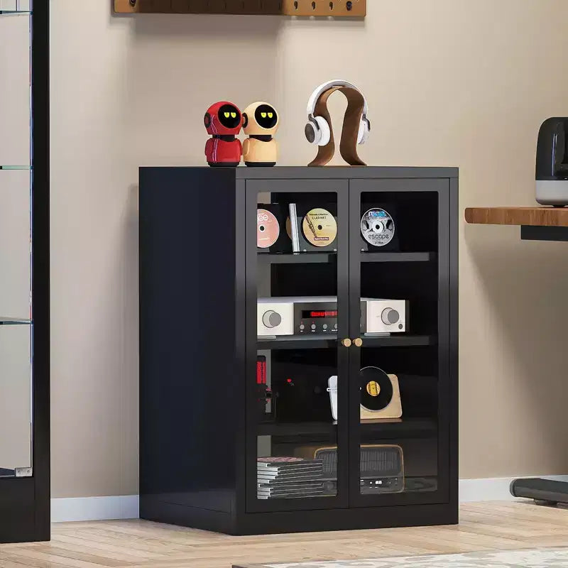 Bekrvio metalen mediakast, stereokast met 4 niveaus, glazen deuren en verstelbare planken, audio-AV-rek met kabelbeheer