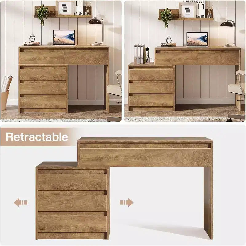 Scrivania per computer Lantine con 5 cassetti, scrivania direzionale in legno con schedario e supporto per stampante, per ufficio domestico e piccoli spazi