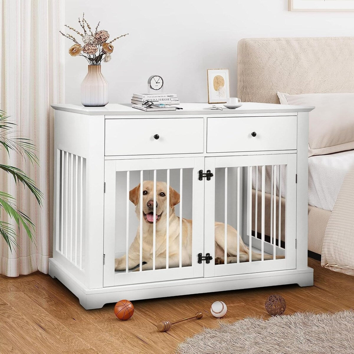 BOSSIN große Hundebox-Möbel, 44 Inch, Hundezwinger aus Holz als Beistelltisch mit Schubladen, dekorative Haustierbox und Hundehütte
