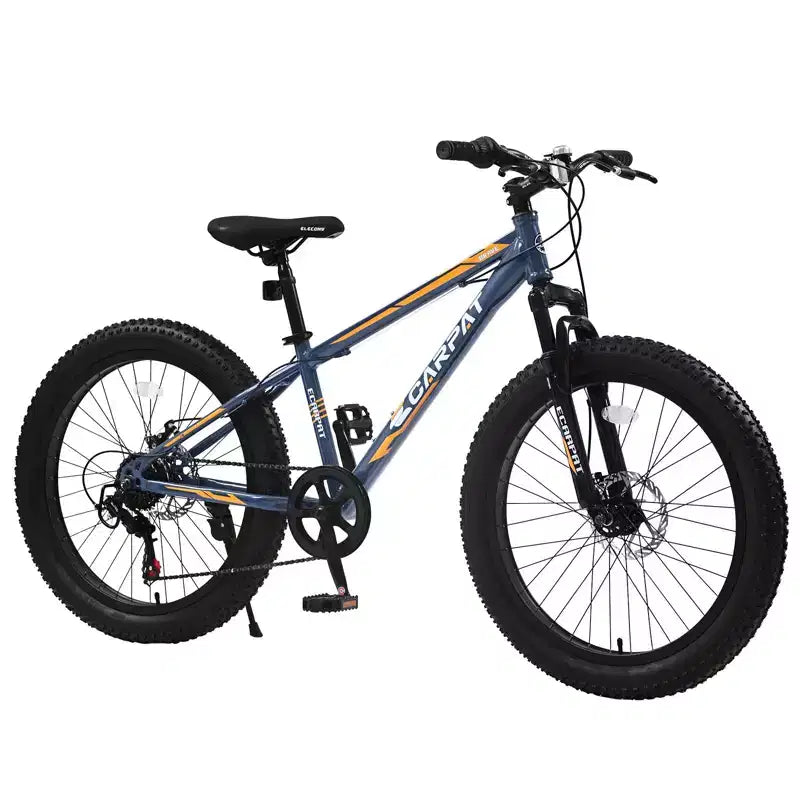 Bicicletta Okak da 24IN con pneumatici larghi e sospensione anteriore, mountain bike a 7 velocità con freno a disco e telaio in acciaio ad alto tenore di carbonio, bici da trail per gli spostamenti