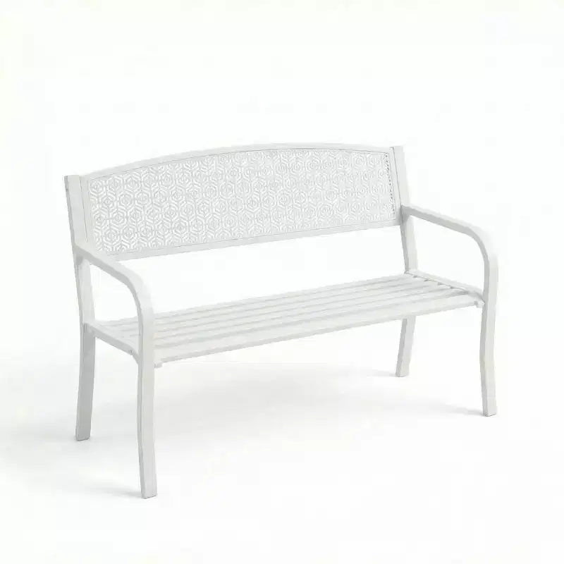 Banc d’extérieur en métal pour 2 personnes, mobilier de jardin en acier avec dossier géométrique pour patio, jardin et véranda