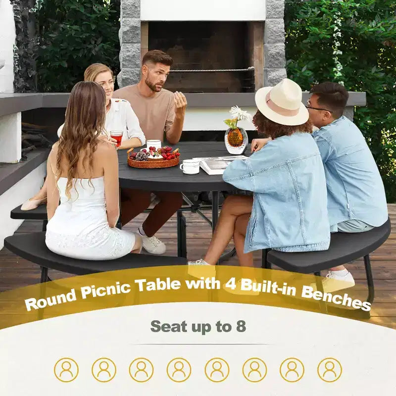 Costway Rundes Picknicktisch-Bank-Set für 8 Personen für den Außenbereich, mit 4 Bänken und Schirmloch, Schwarz/Grau/Grün/Weiß