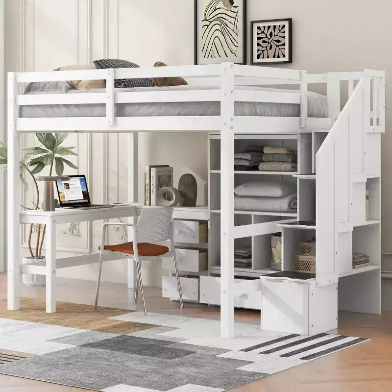 Lit mezzanine simple avec bureau en L, 3 tiroirs, armoire, rangement sous l’escalier, structure en pin massif/MDF
