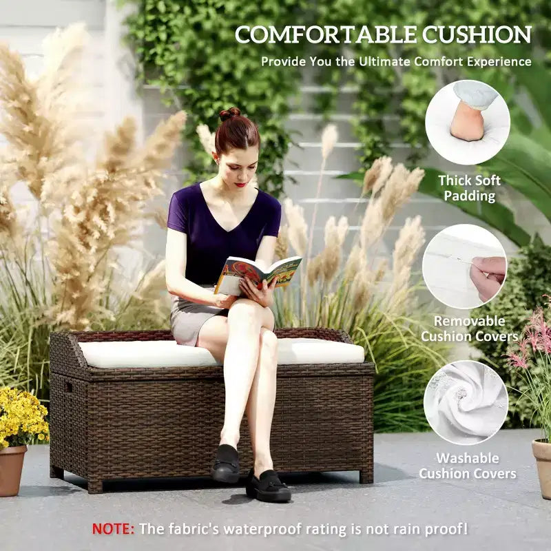 Banc de rangement extérieur en osier avec coussin