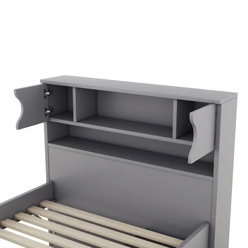 Letto a piattaforma Captain singolo/matrimoniale con 4 cassetti e ripiani contenitori, struttura in legno massello con testiera libreria contenitore