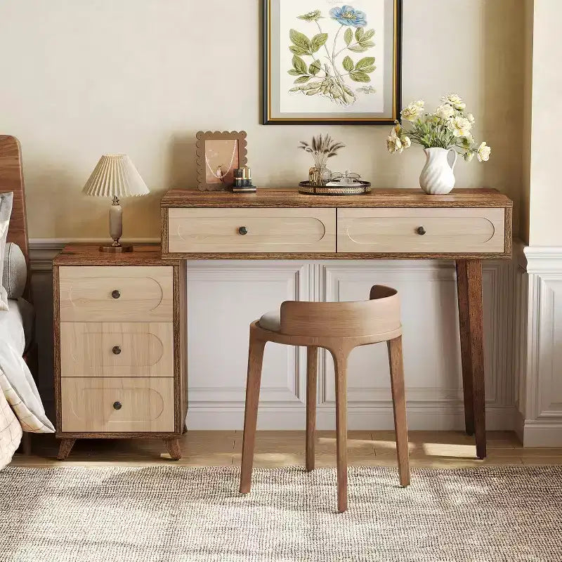 Lantine schrijftafel van 39 inch met 5 laden en uittrekbare kast, kleine uitschuifbare computer- en kaptafel voor kleine ruimtes, bruin