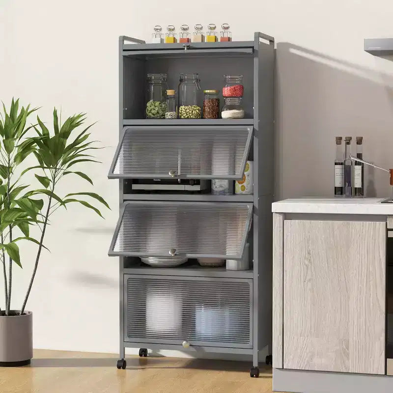 Étagère de cuisine Costway à 5 niveaux avec placard de rangement, support mobile pour micro-ondes et portes relevables, blanc/noir/gris/vert