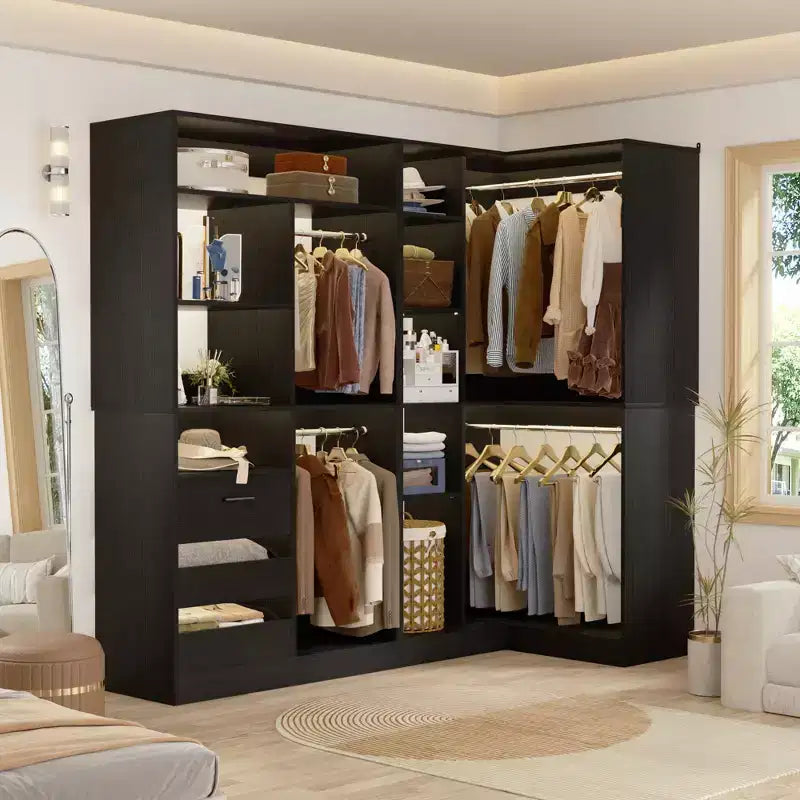 Besiost Set aus 2 Eck-Kleiderschranksystemen mit Regaltürmen, freistehender Kleiderschrank-Organizer mit Schubladen
