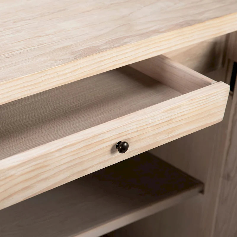 Isabelle Sideboard, 79 Zoll, Kiefer in heller Waschoptik, 4 Türen mit handgeschnitzten Sonnenstrahlmustern