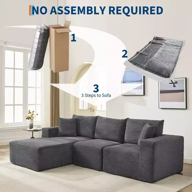 108 Modernes 3-Sitzer-Sofa, gepolstertes Sofa in L-Form mit Kissen, Sofa mit tiefer Sitzfläche, keine Montage erforderlich