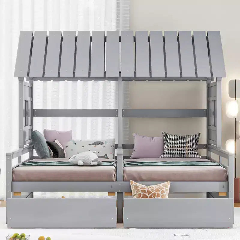 Lits plateformes Whisen House avec deux tiroirs pour chambre partagée de garçon et de fille