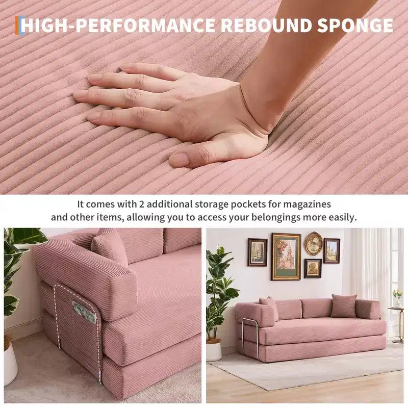 Modernes 79-Futon-Schlafsofa aus Cord für kleine Räume, 5-in-1-Couch mit abnehmbaren Armlehnen und Kissen