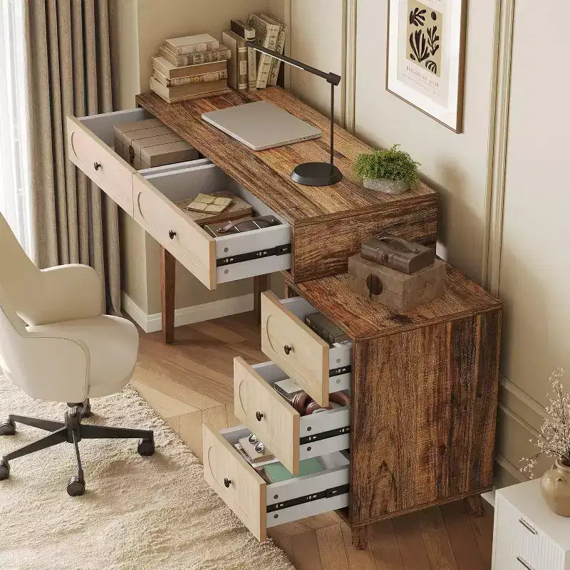 Lantine schrijftafel van 39 inch met 5 laden en uittrekbare kast, kleine uitschuifbare computer- en kaptafel voor kleine ruimtes, bruin